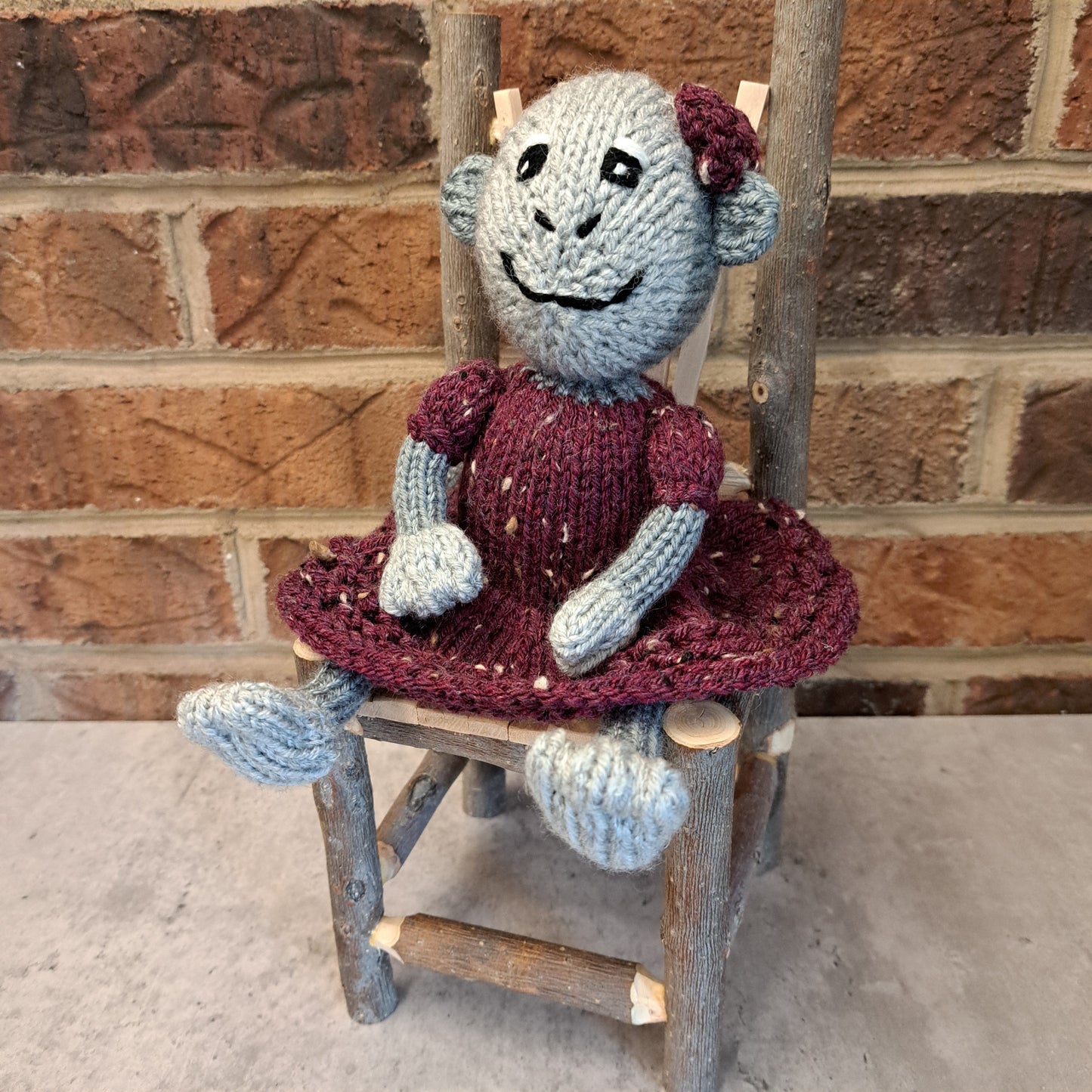 Handknit Monkey Toy - light gray with maroon dress