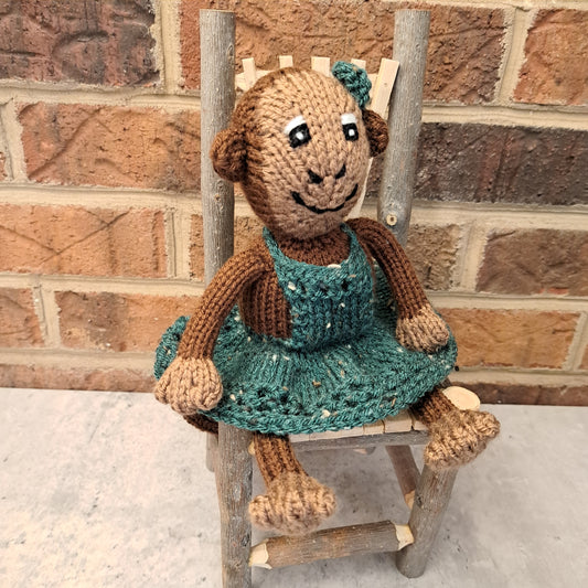 Handknit Monkey Toy - brown with deep green dress