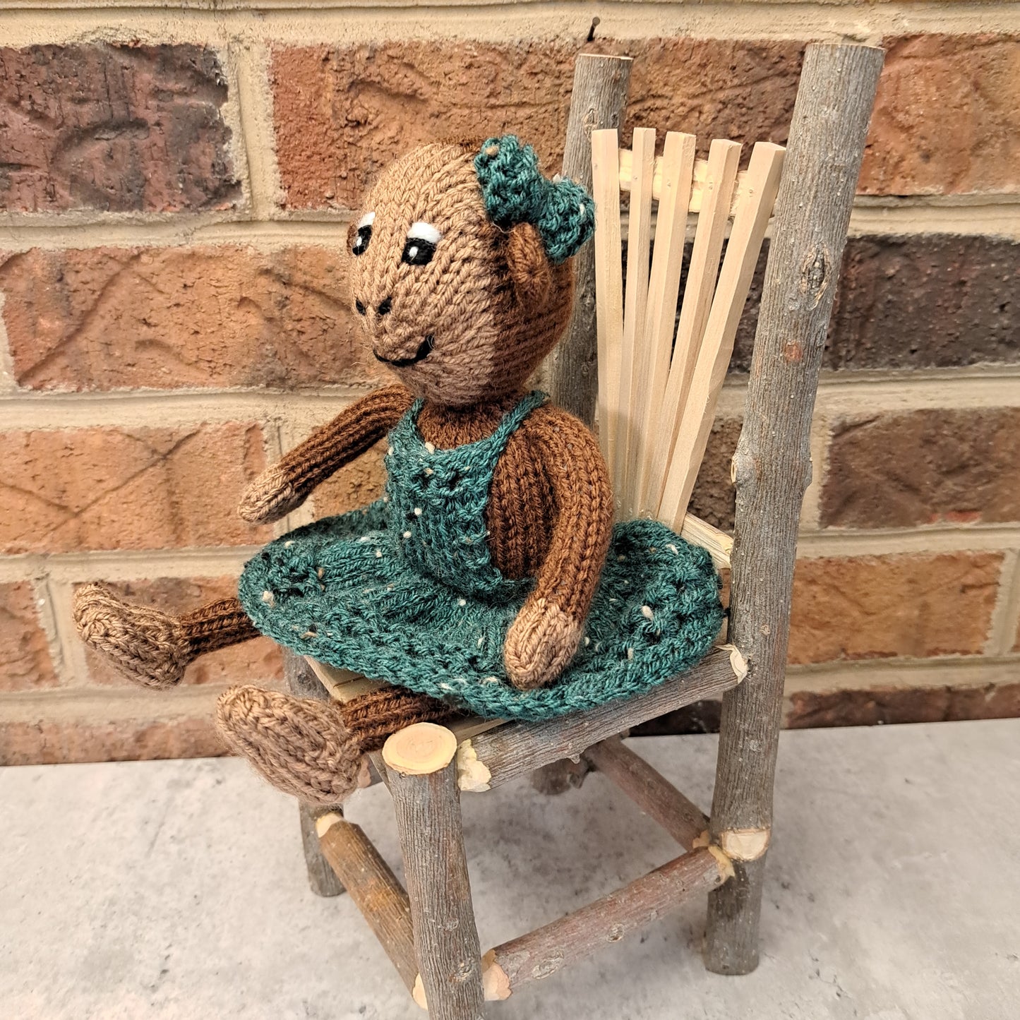 Handknit Monkey Toy - brown with deep green dress