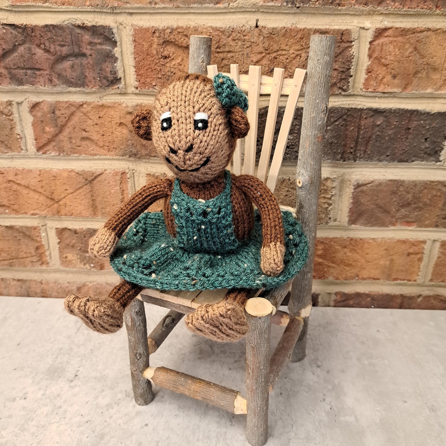 Handknit Monkey Toy - brown with deep green dress