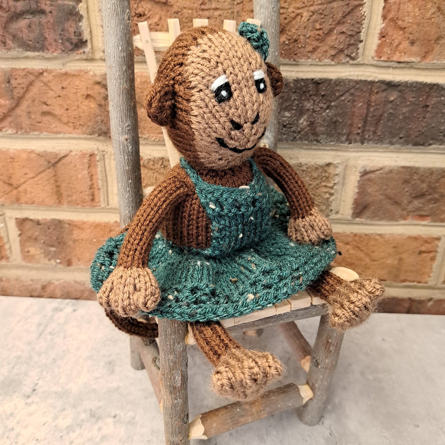 Handknit Monkey Toy - brown with deep green dress