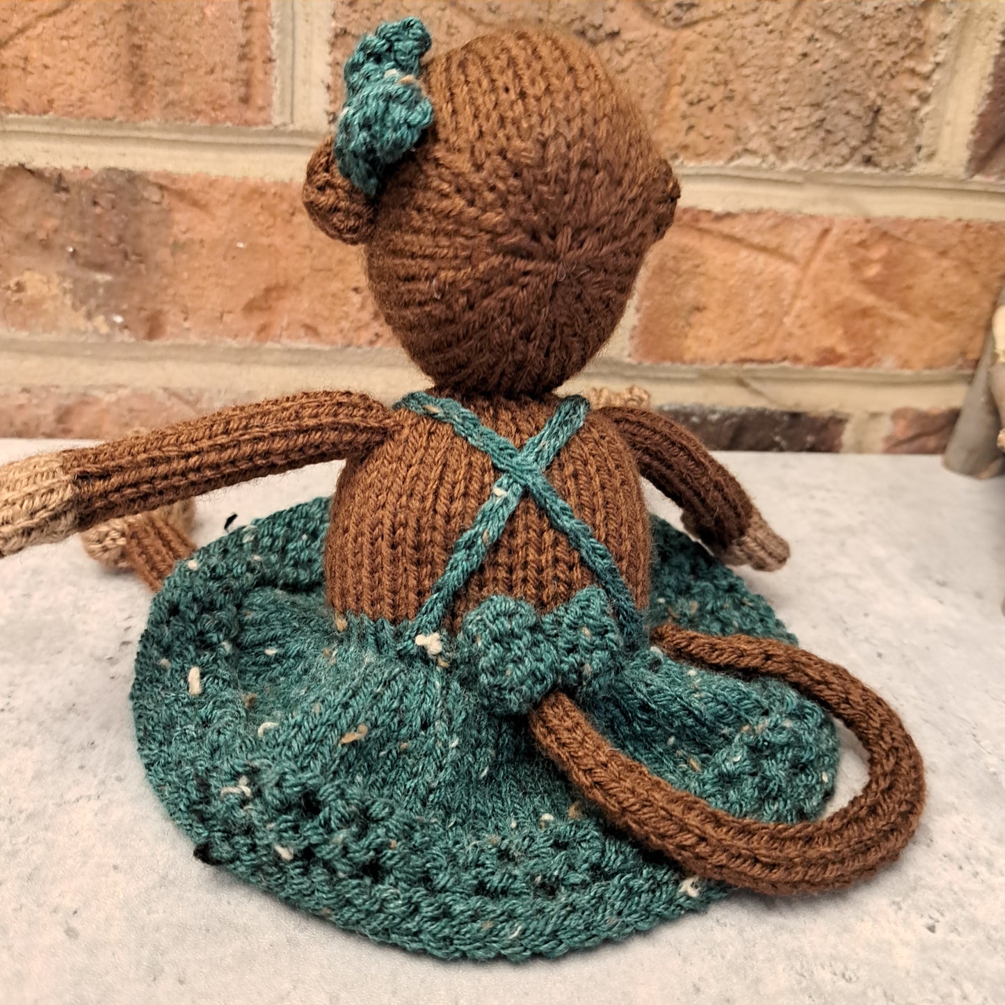 Handknit Monkey Toy - brown with deep green dress