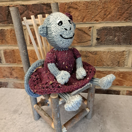 Handknit Monkey Toy - light gray with maroon dress