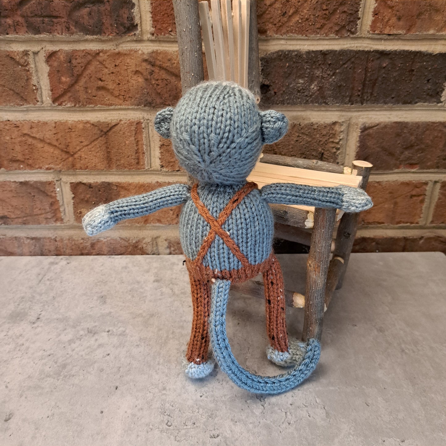 Handknit Monkey Toy - light gray with autumn orange overalls