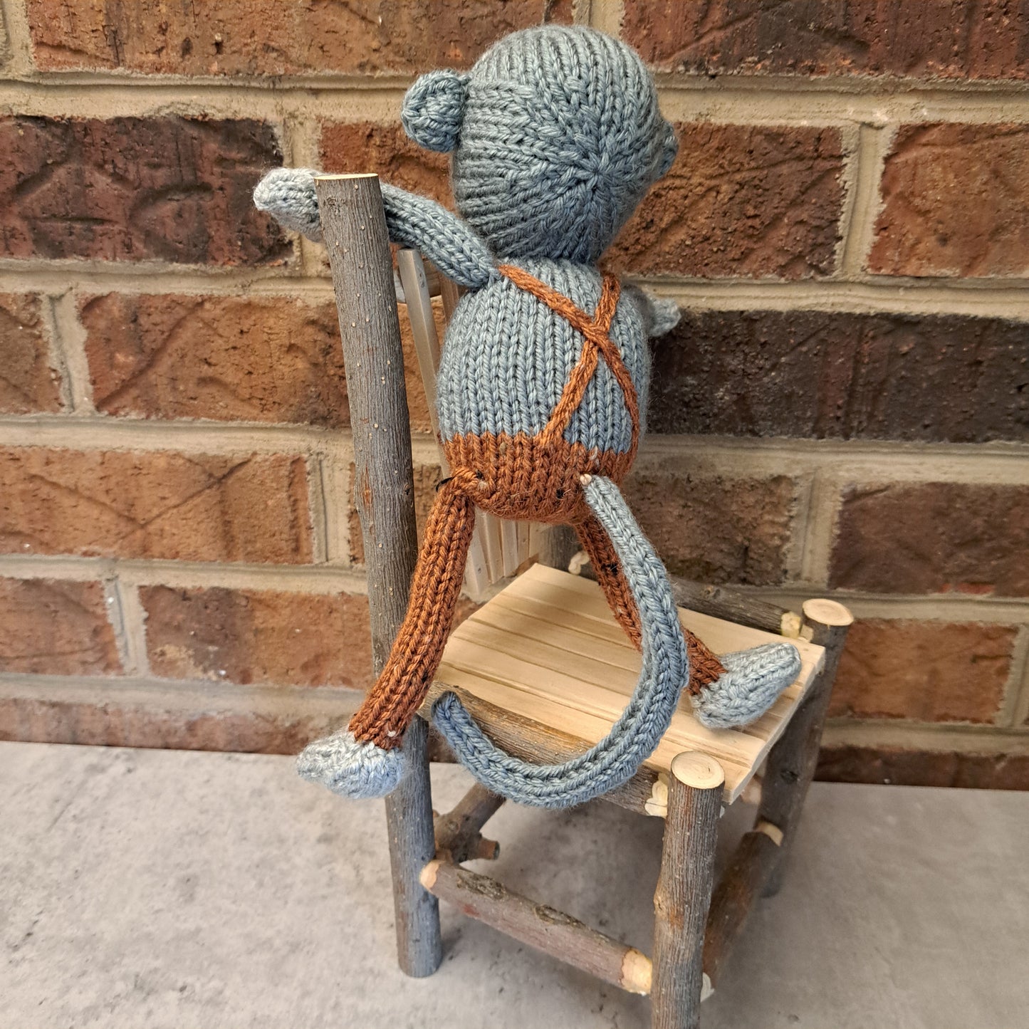 Handknit Monkey Toy - light gray with autumn orange overalls