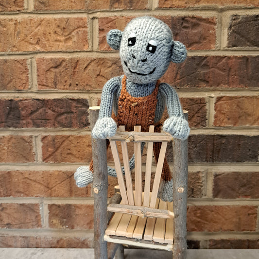 Handknit Monkey Toy - light gray with autumn orange overalls