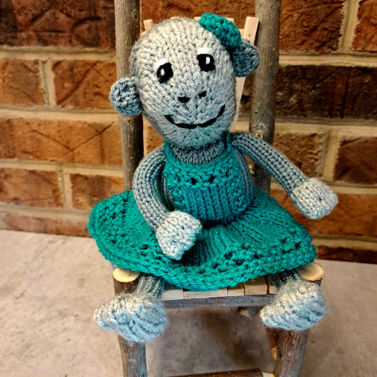 Handknit Monkey Toy - light gray with turquoise dress