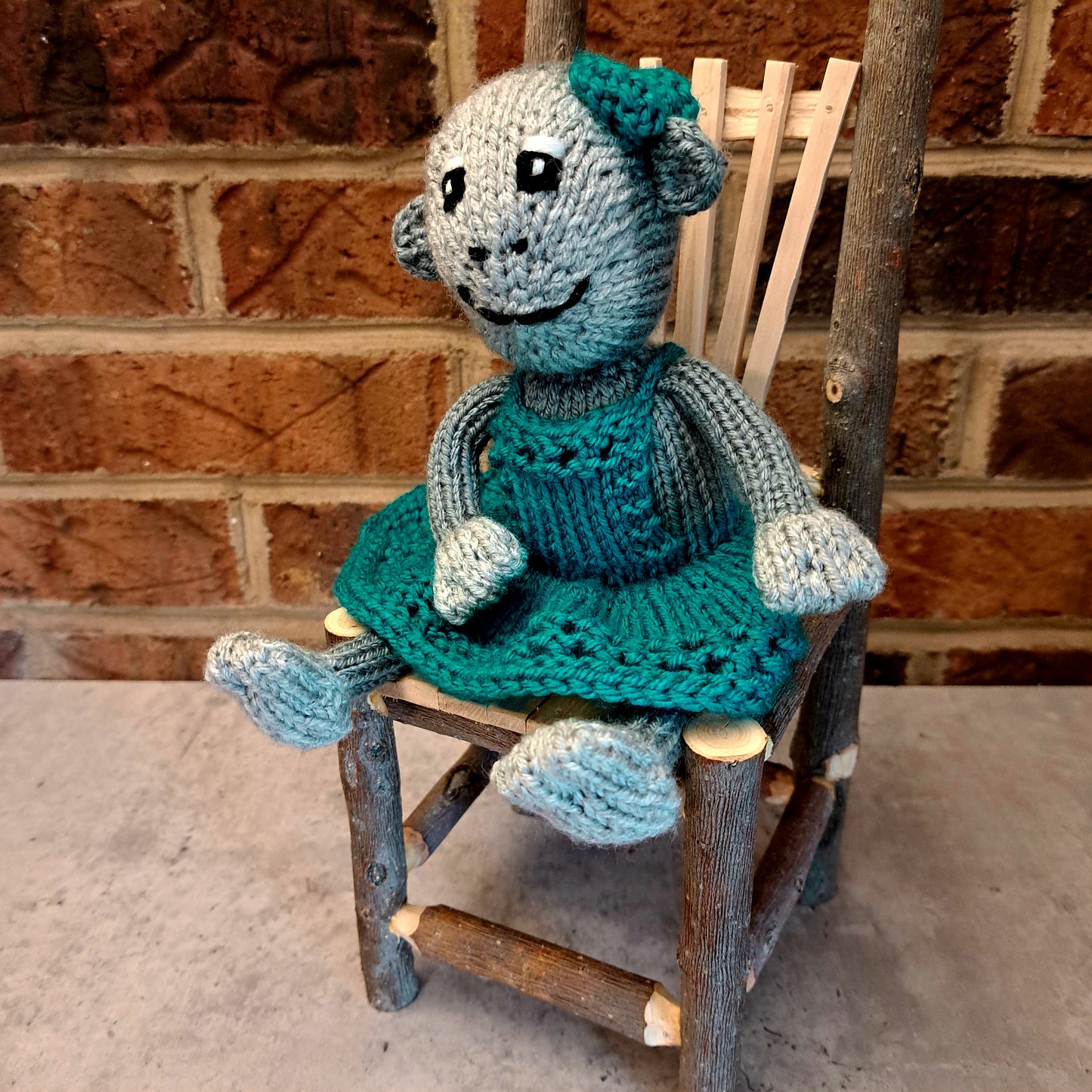 Handknit Monkey Toy - light gray with turquoise dress