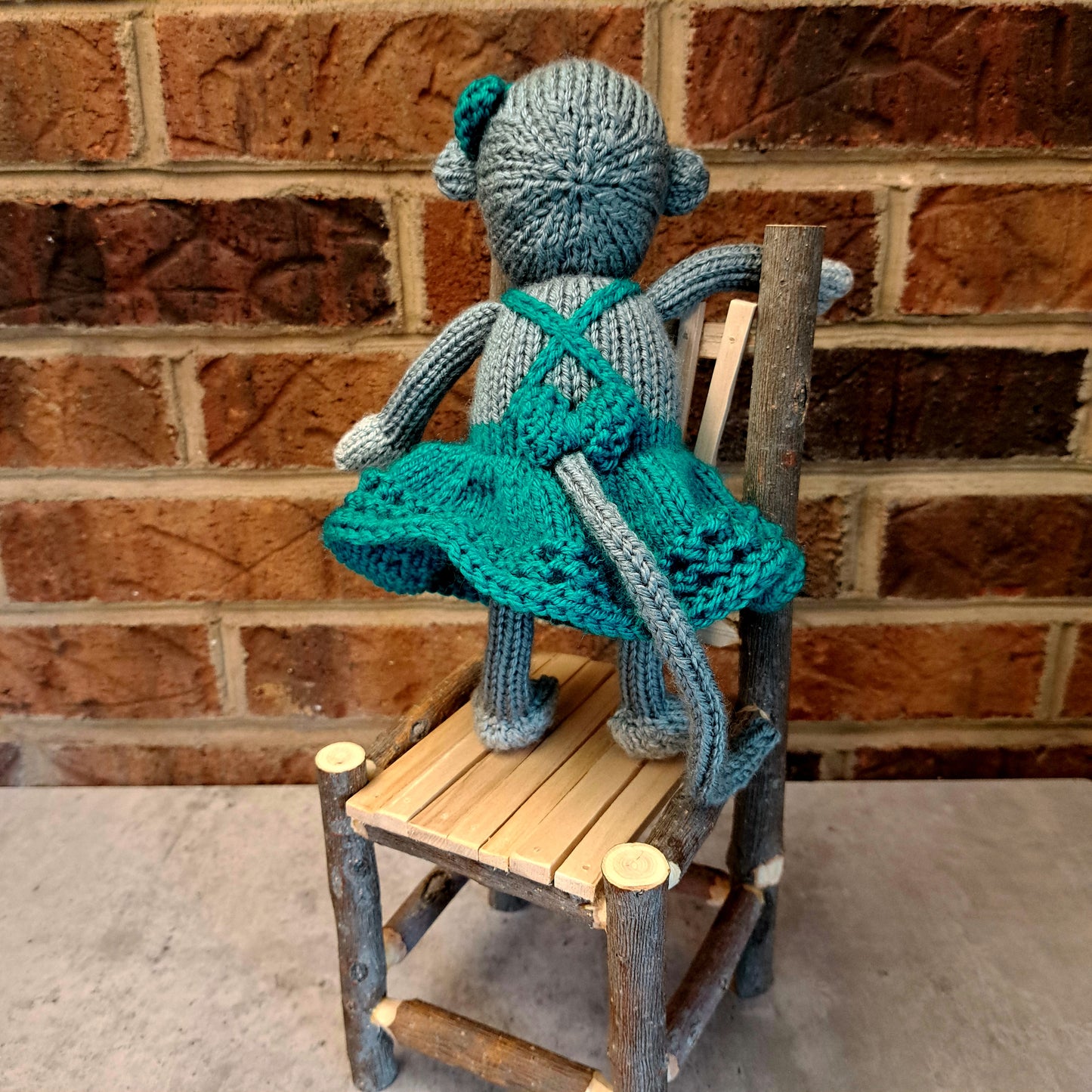 Handknit Monkey Toy - light gray with turquoise dress