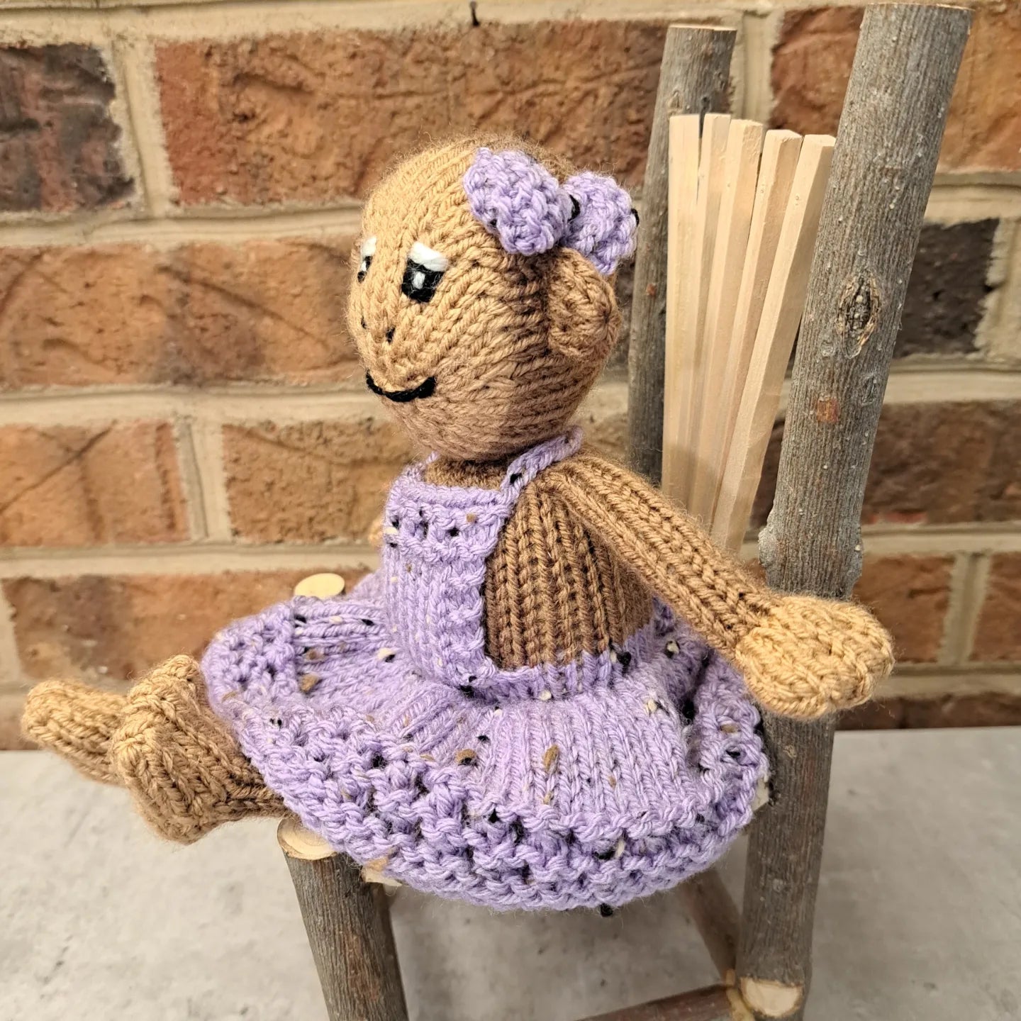 Handknit Monkey Toy - light brown with lilac purple dress