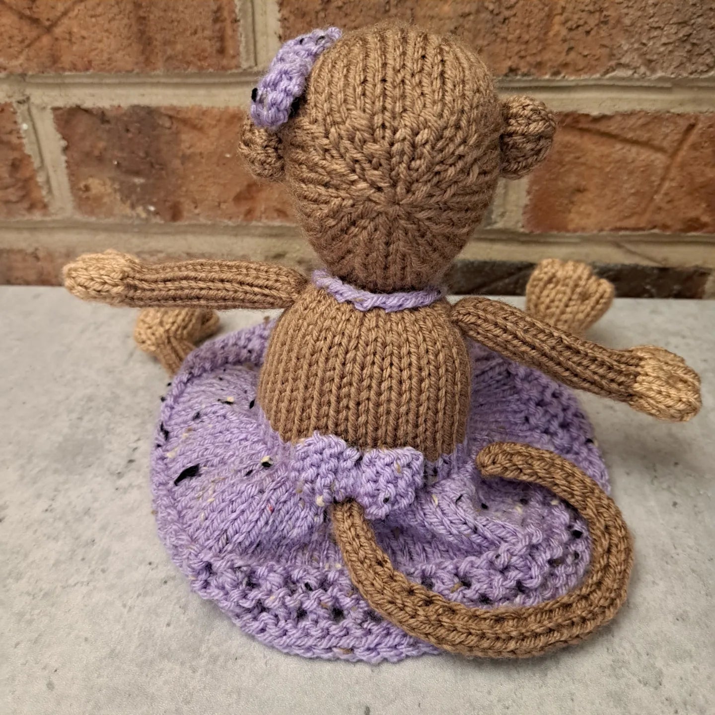 Handknit Monkey Toy - light brown with lilac purple dress