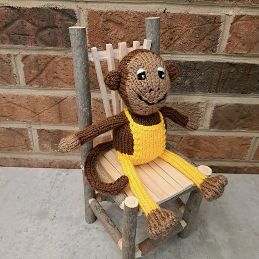 Handknit Monkey Toy - brown with yellow overalls