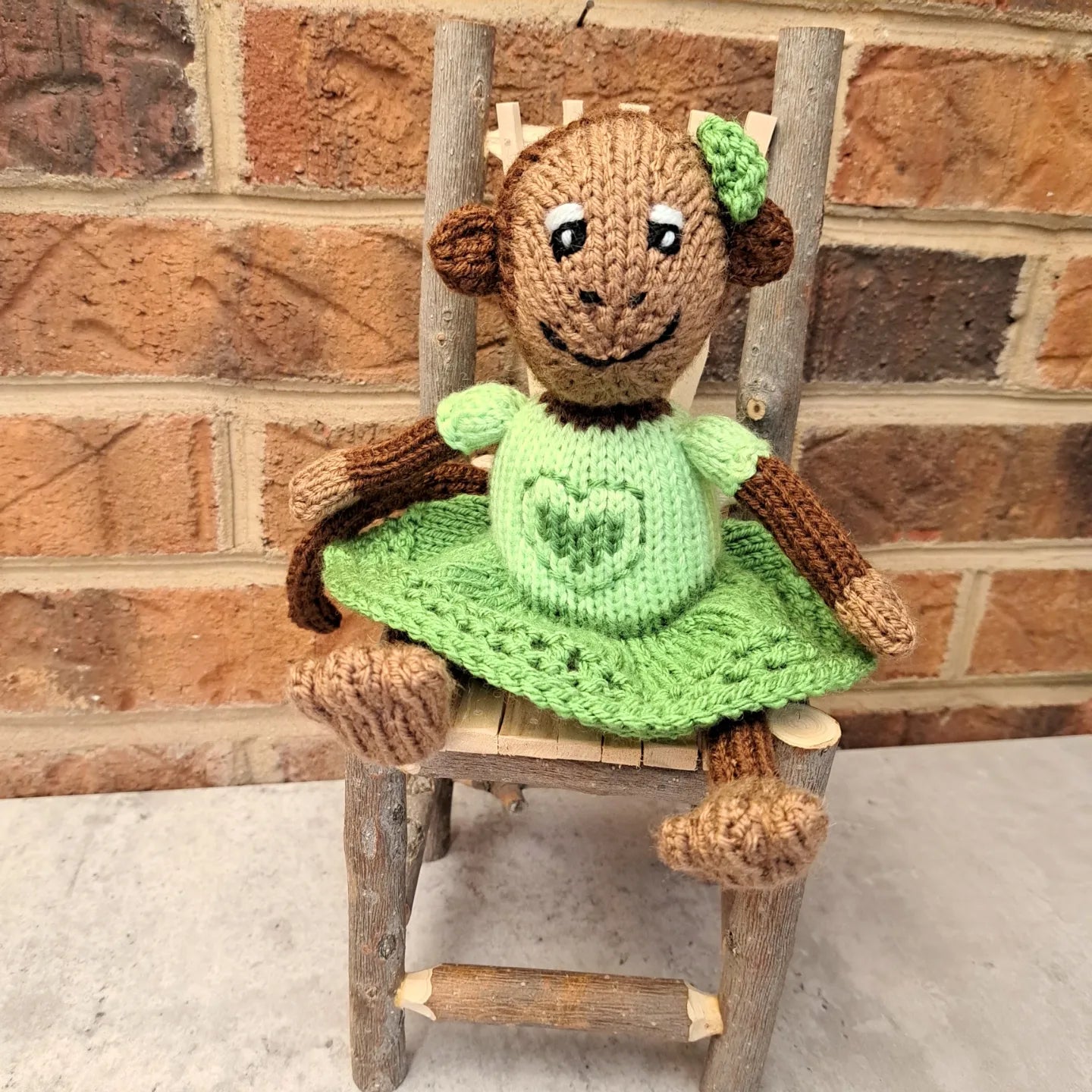 Handknit Monkey Toy - brown with light green skirt and top