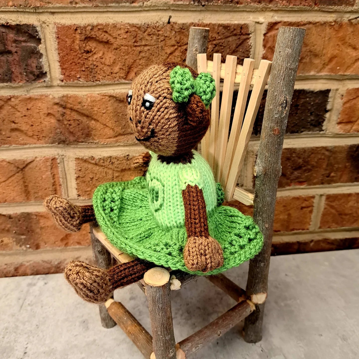 Handknit Monkey Toy - brown with light green skirt and top