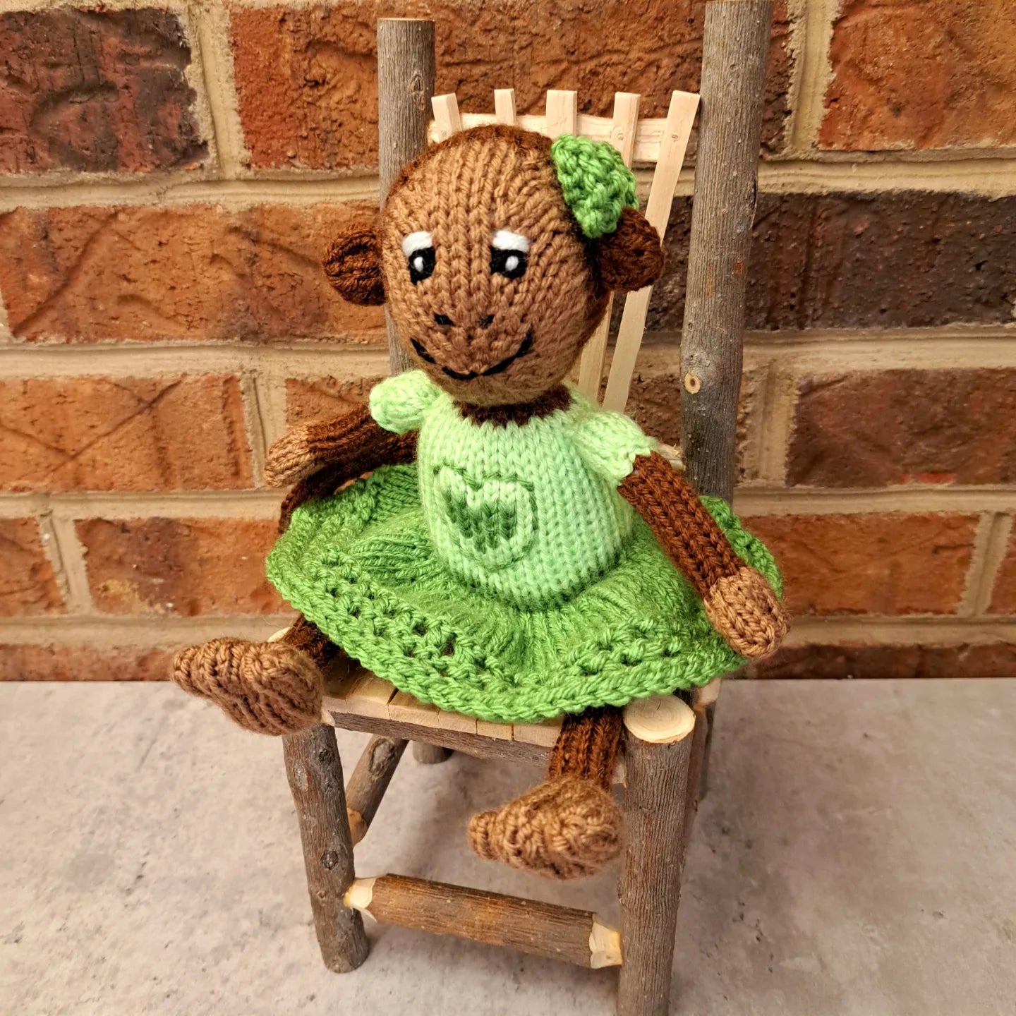 Handknit Monkey Toy - brown with light green skirt and top