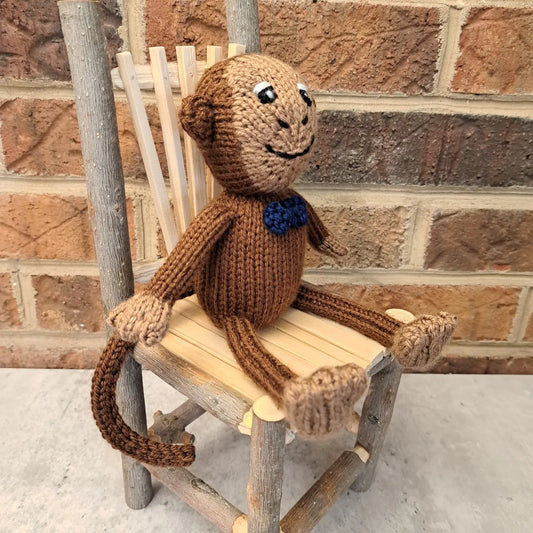 Handknit Monkey Toy - brown with dark blue bowtie