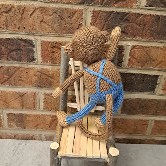 Handknit Monkey Toy - light brown with blue overalls