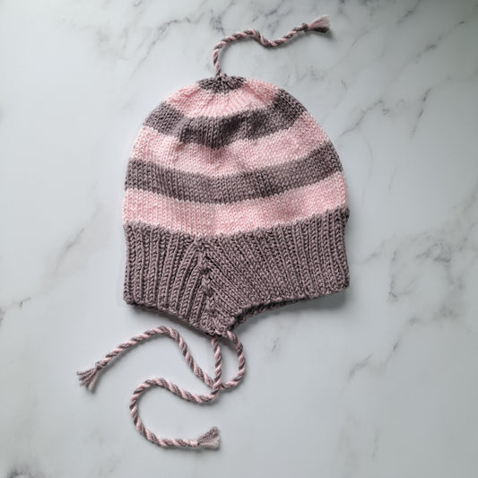 Handknit Stripey Bonnet Hat - Adult Small Size