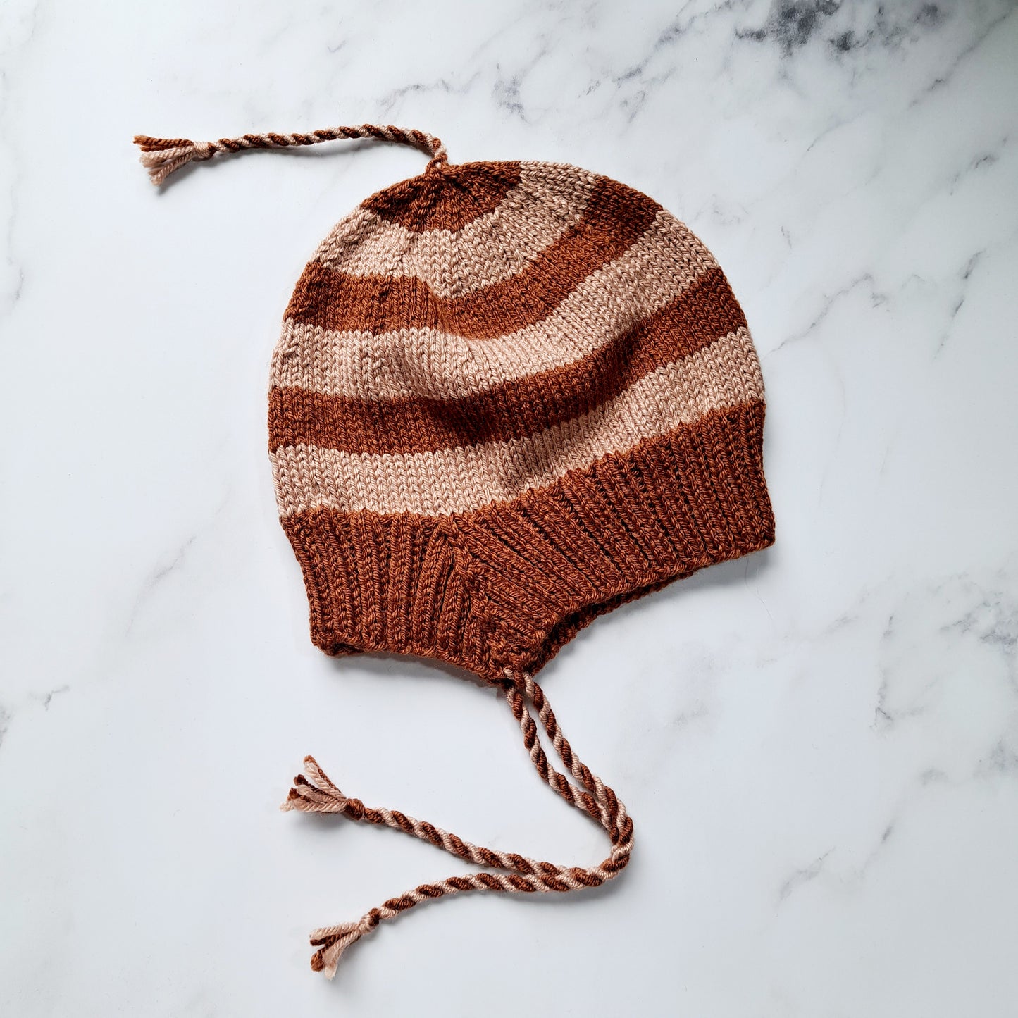 Handknit Stripey Bonnet Hat - Adult Small Size