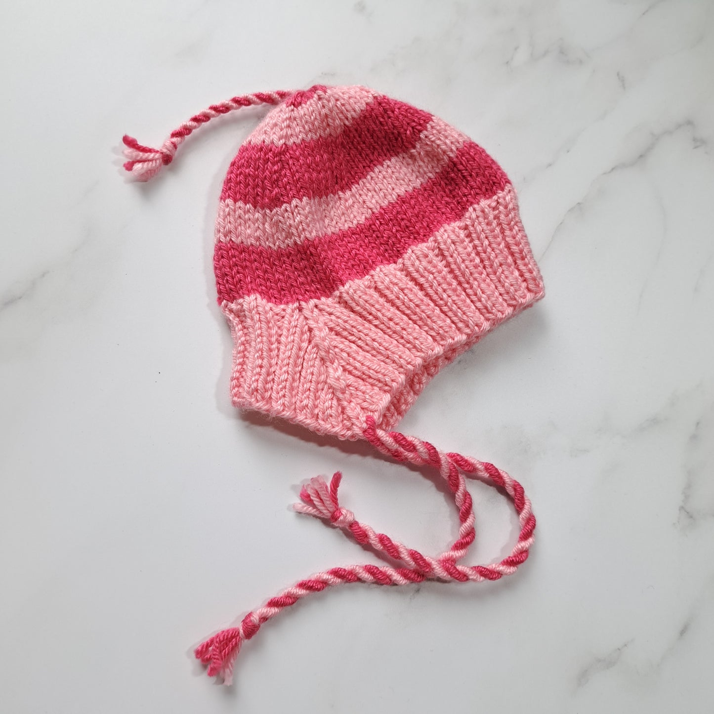 Handknit Stripey Bonnet Hat - Newborn Size