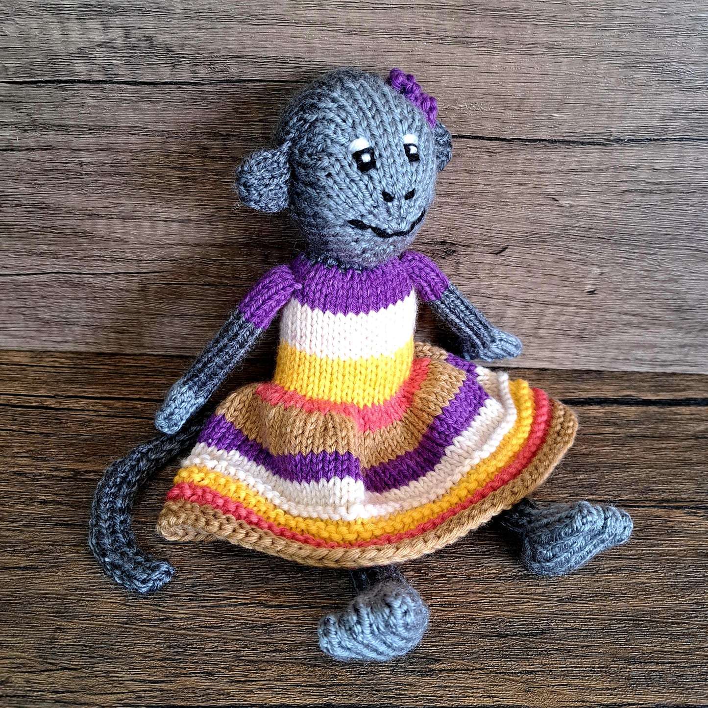 Handknit Monkey Toy - medium gray with striped dress