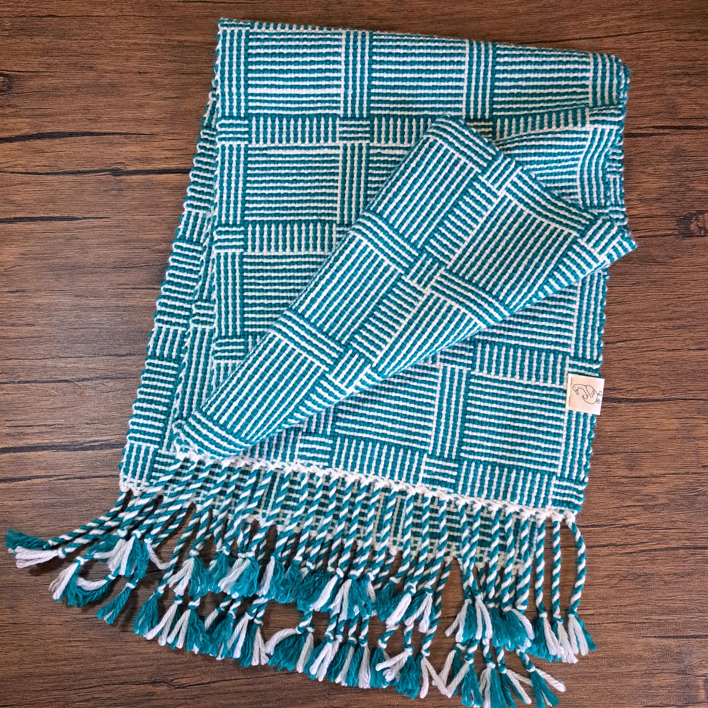 Handwoven Marina Teal and White Log Cabin Scarf