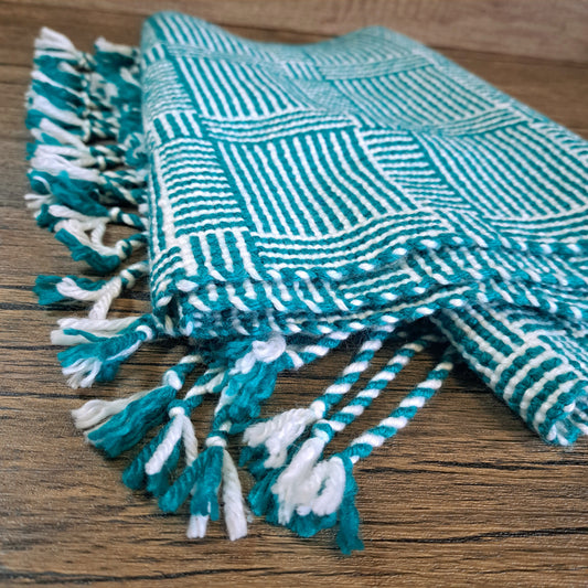 Handwoven Marina Teal and White Log Cabin Scarf
