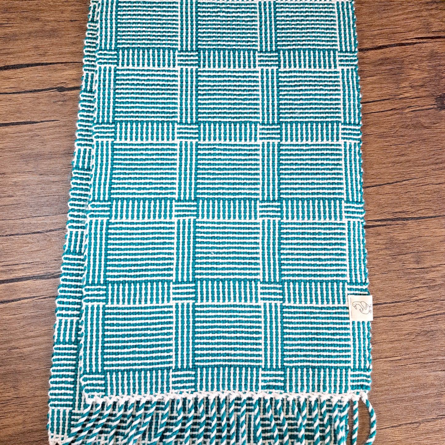 Handwoven Marina Teal and White Log Cabin Scarf