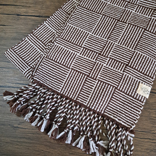 Handwoven Chocolate Brown and White Log Cabin Scarf