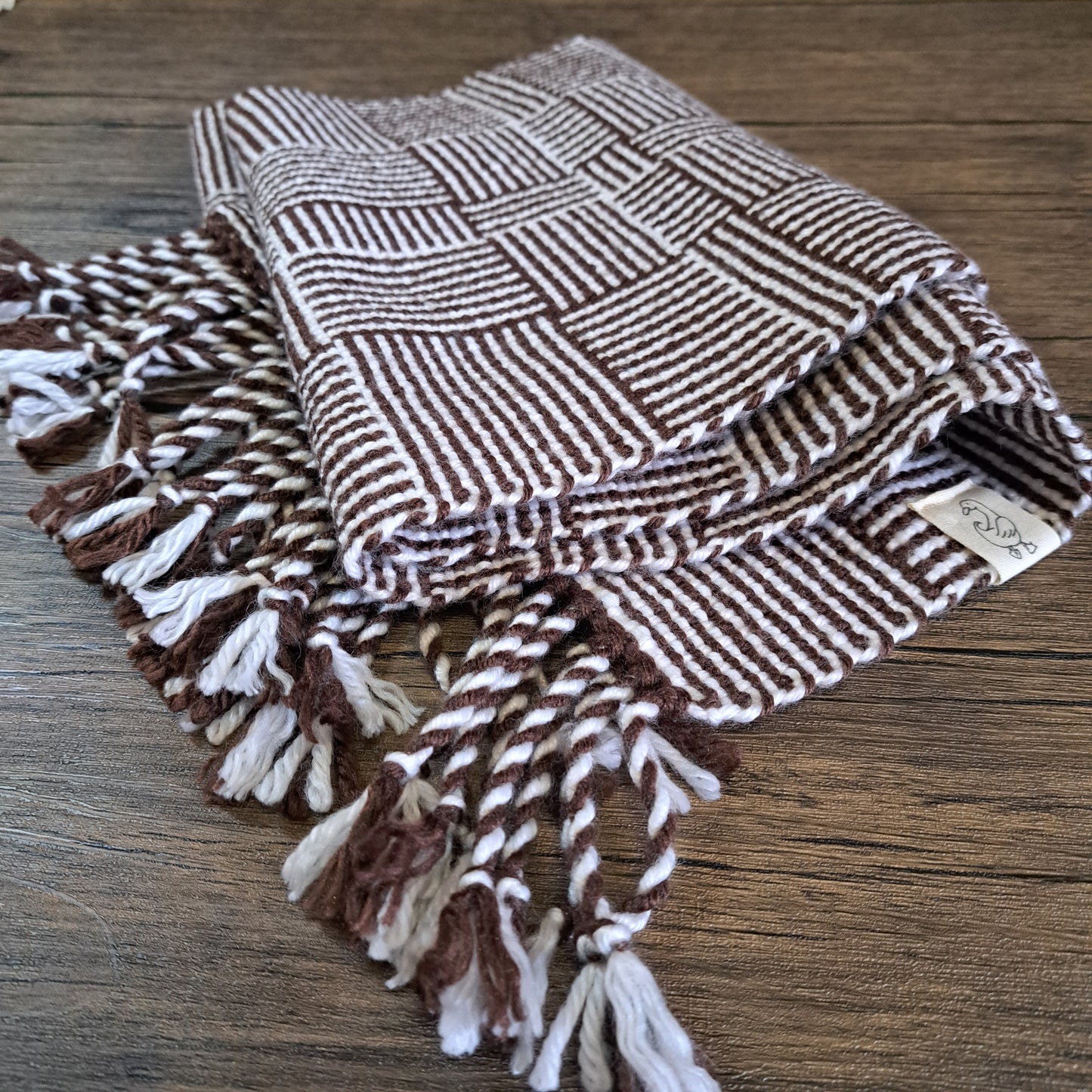 Handwoven Chocolate Brown and White Log Cabin Scarf