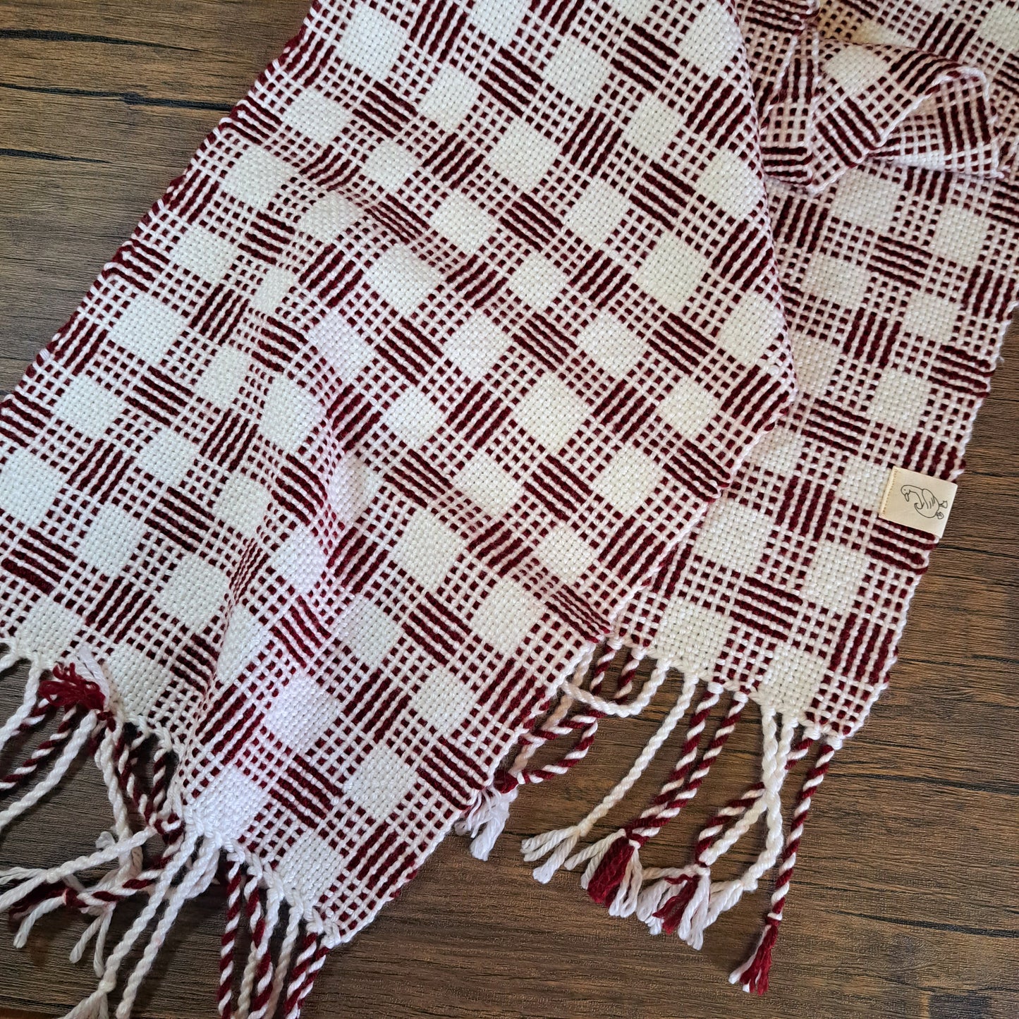 Handwoven Cranberry and White Log Cabin Check Scarf