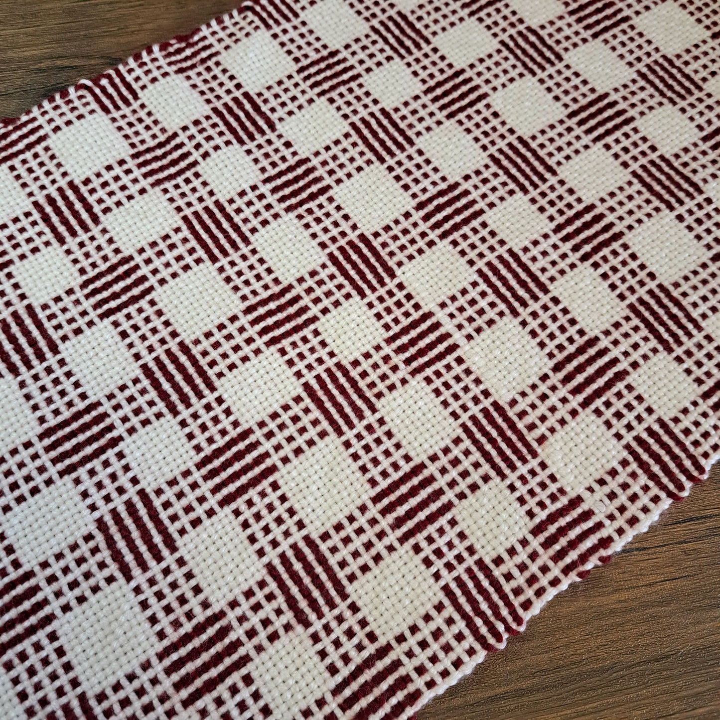 Handwoven Cranberry and White Log Cabin Check Scarf