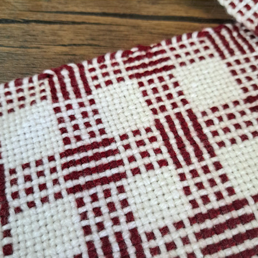 Handwoven Cranberry and White Log Cabin Check Scarf
