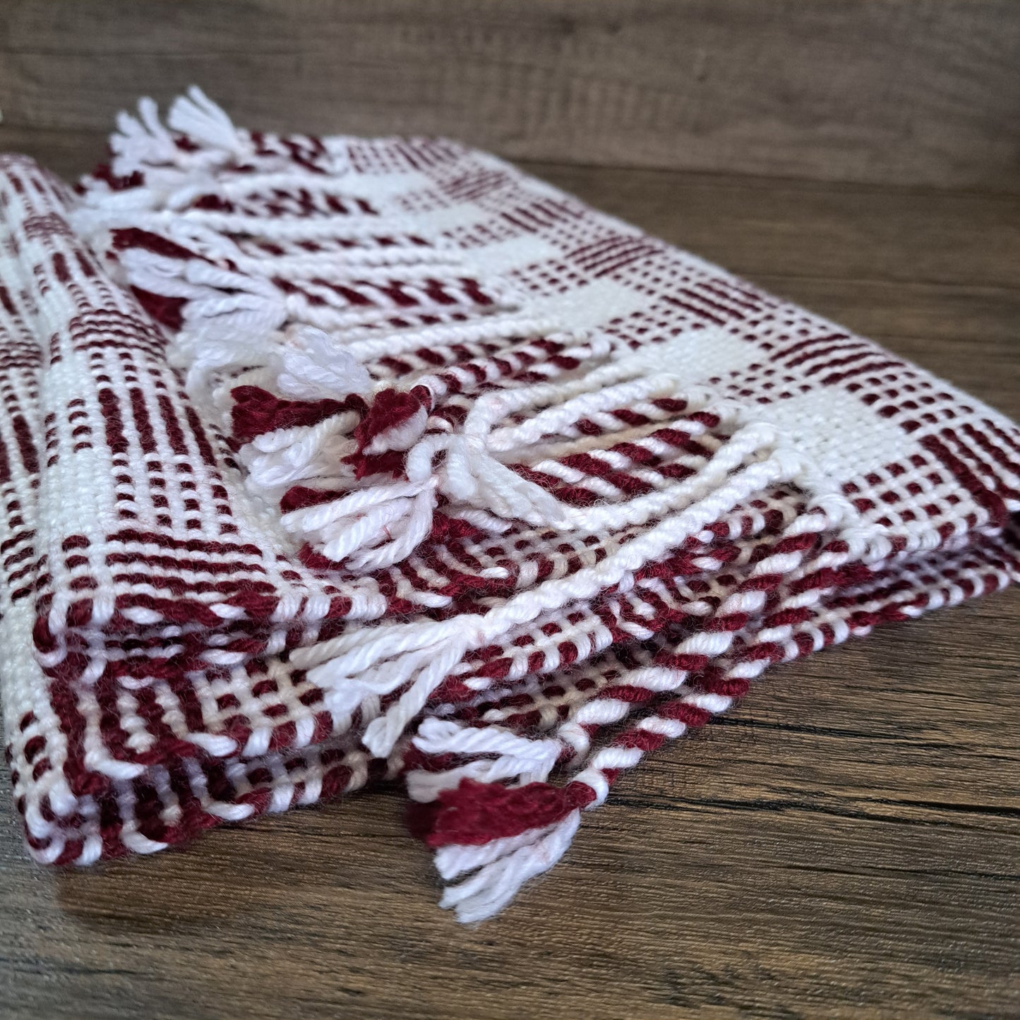 Handwoven Cranberry and White Log Cabin Check Scarf