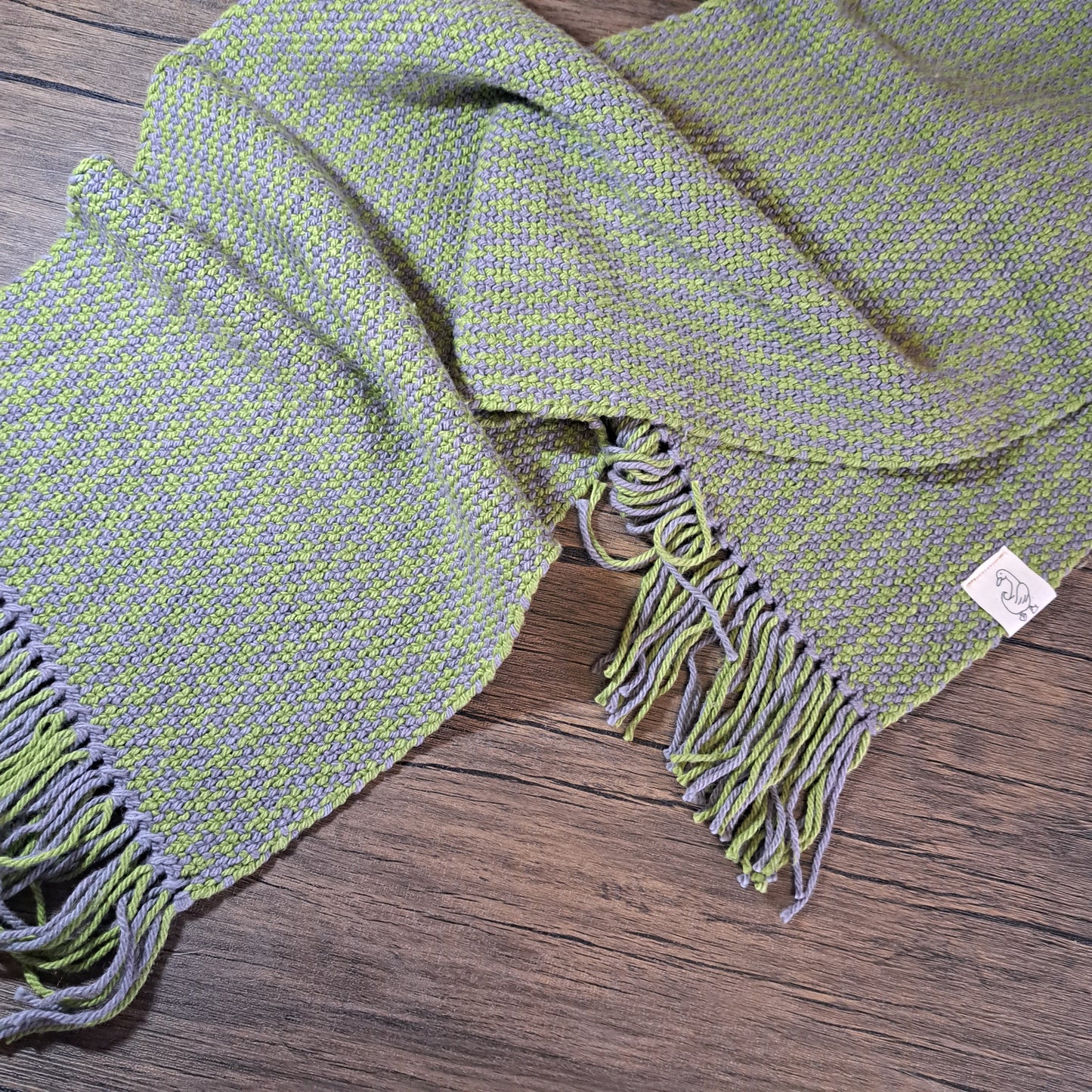 Handwoven Oyster Gray and Tobacco Green Cotton Houndstooth Scarf