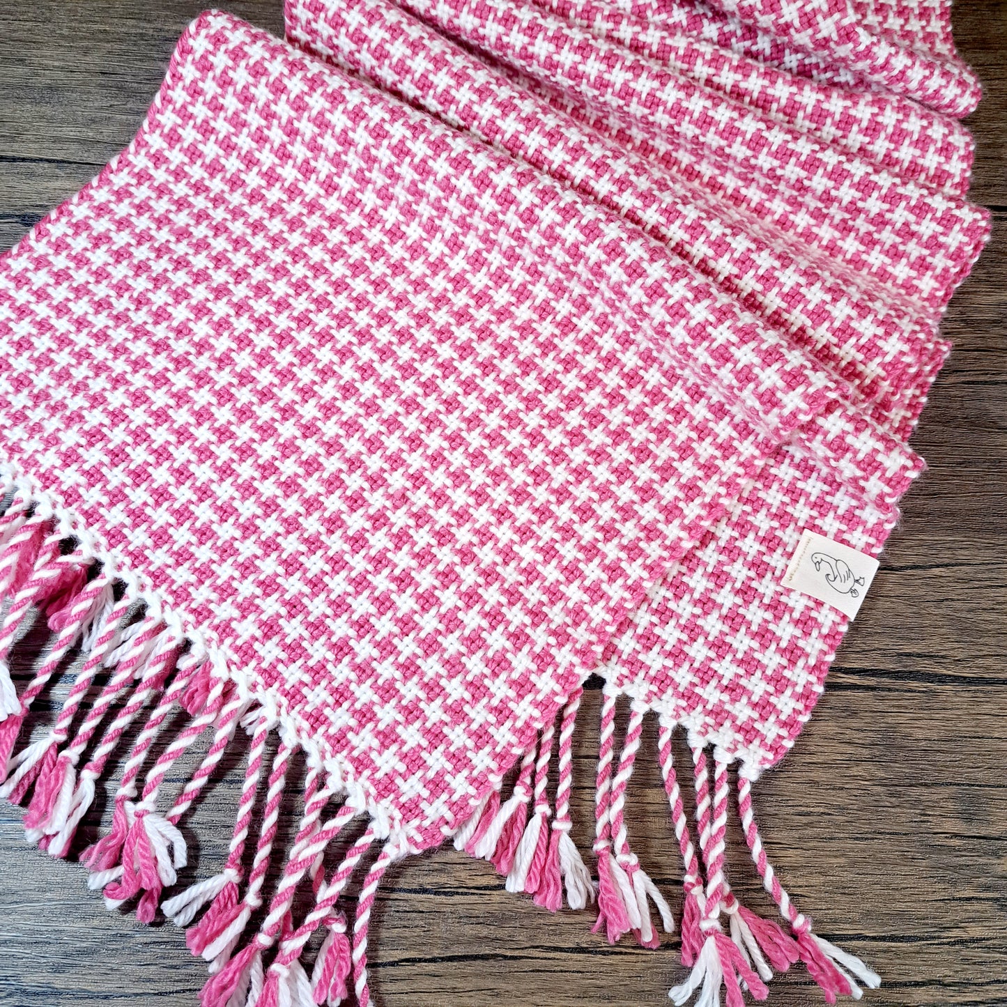Handwoven Bubblegum Pink and Cream Houndstooth Scarf