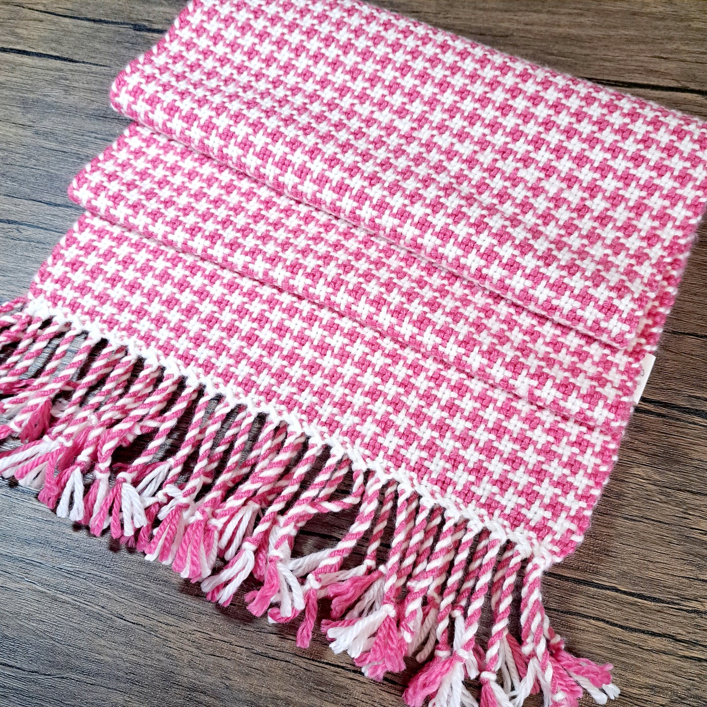 Handwoven Bubblegum Pink and Cream Houndstooth Scarf